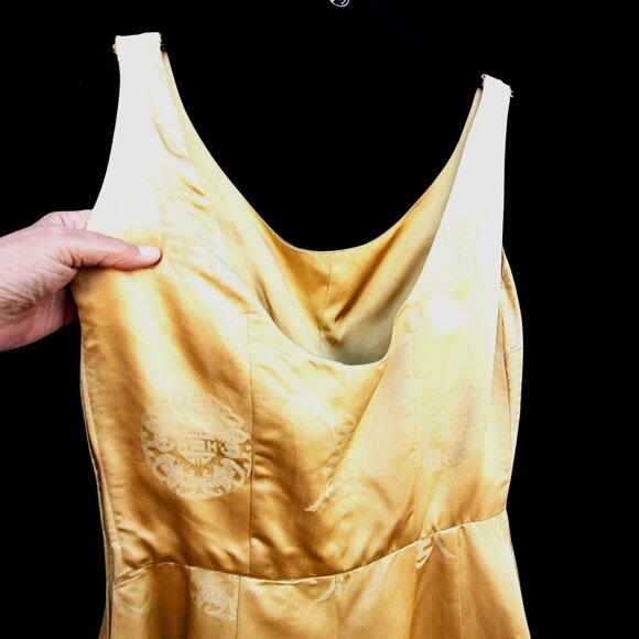 1950s Pin Up Wiggle Dress 10 Curvy Gold Chinese Brocade Rockabilly 25" Waist - Picture 6 of 10